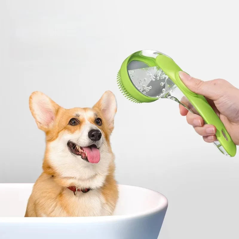 Escova de banho para animais de estimação, silicone macio, cabo longo, dispensador de shampoo, massagem suave